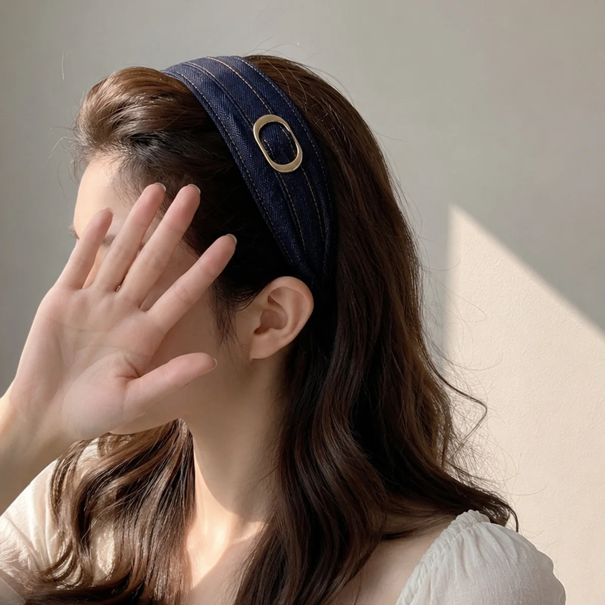 Casual Denim Fabric Headbands for Women Metal Buckle Pleated Wide Hair Hoop Hairbands Female Headwear Hair Accessories Headdress