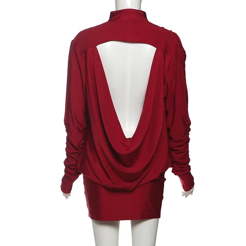 Sukienka mini bez pleców, obcisła, damska, modna, seksowna, z golfem, długi rękaw, marszczona, w stylu hipster, na urodziny, imprezę, do klubu nocnego, streetwear