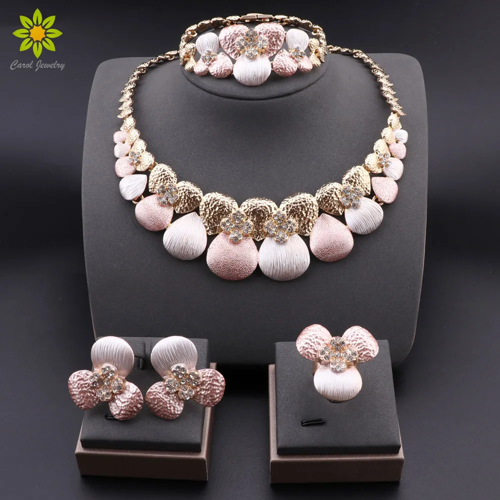 Colorful Floral Wedding Jewelry Set for Bride Bridesmaids, Gold Plated 4Pcs Necklace Bracelet Ring Earrings
