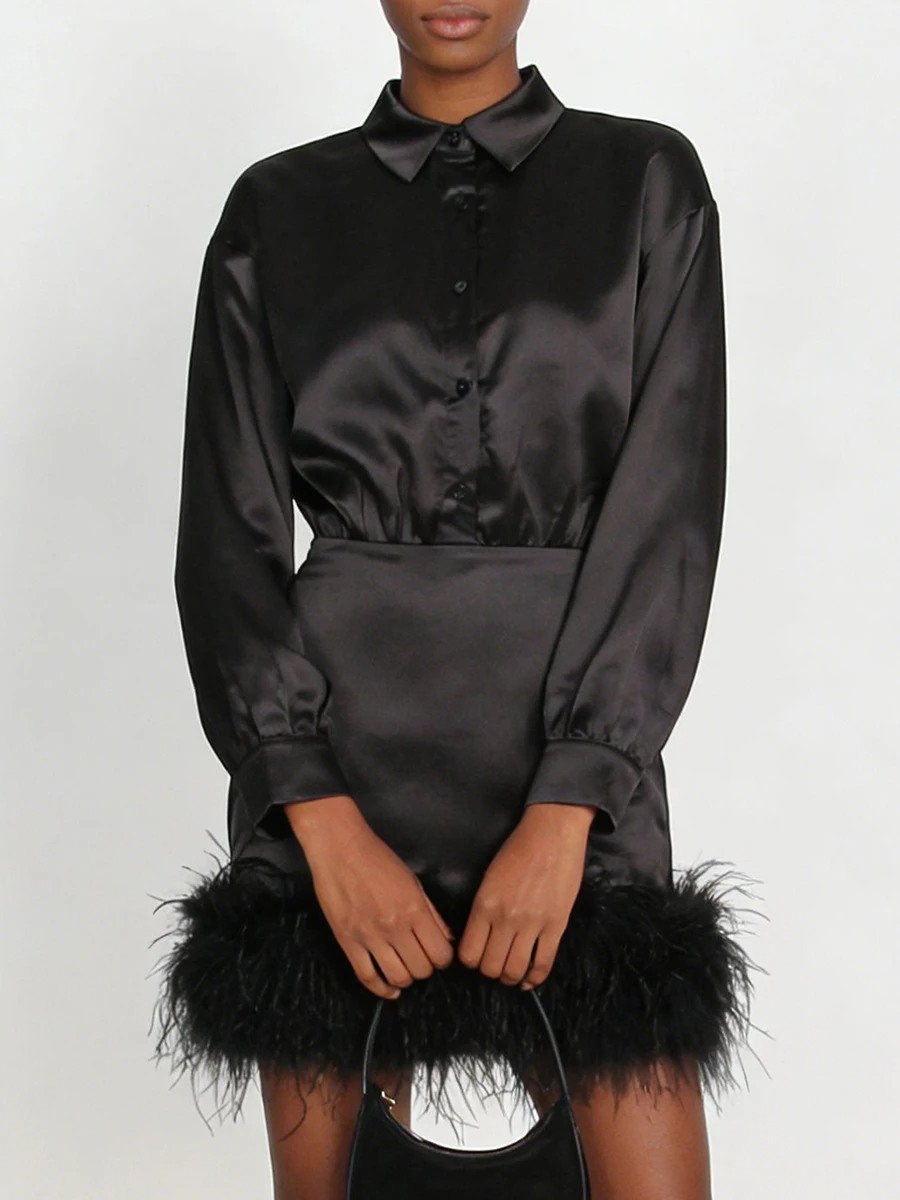 فساتين VGH صغيرة أنيقة للتخسيس من الساتان للنساء مع طية صدر السترة وأكمام طويلة وخصر عالٍ فستان أنيق من الريش موضة نسائية #3