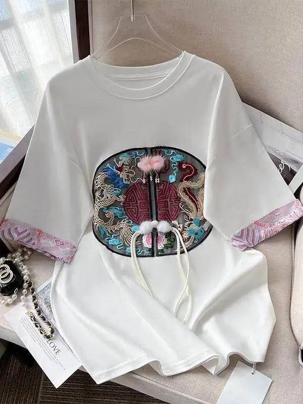 

Loose Embroidered T-Shirt Women's Summer Base Shirt Upper Body Large Size 300 Pounds New Chinese Style National Trend H...