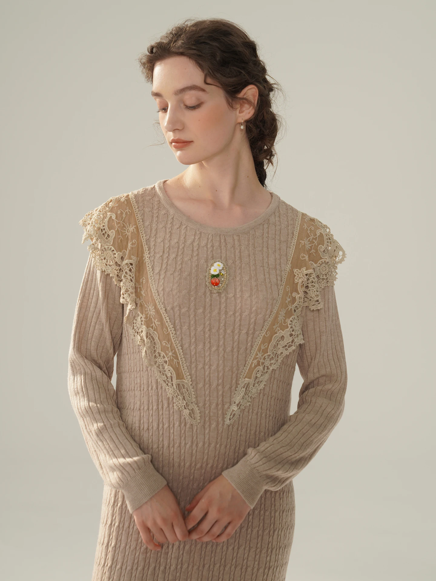 

103cm Bust Spring Fall Knitted Dresses Women Vintage Elegant Handmade Hook Flowers Lace Patchwork Mulberry SilkWool Blend Dress