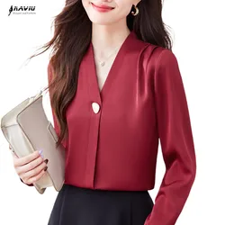 NAVIU Korean Fashion Clothing Women Shirt Solid Satin V Neck Long Sleeve Wine Red Elegant Blouses Female Office Ladies Tops Pink