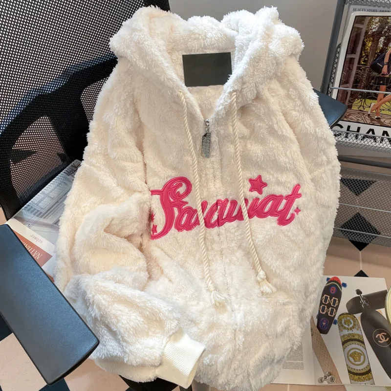 Streetwear Plush Zip Up Hoodies Women Star Girl Y2k White Cardigan Winter Fashion Letter Casual Oversize Graphic Sweatshirt Coat