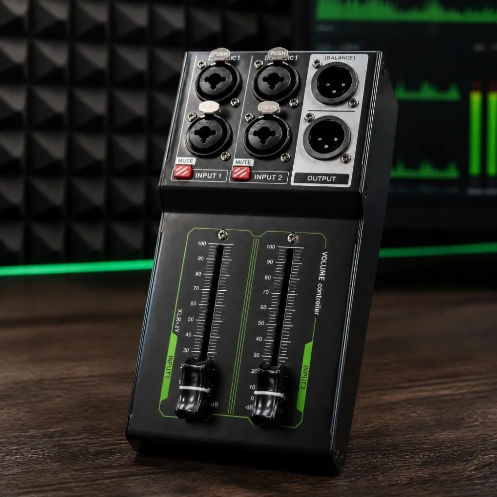 70mm / 2.76in Fader Passive Monitor Controller Plug and Play XLR Interface Stereo Studio Tuner 1 In 2 Out Volume Mixer