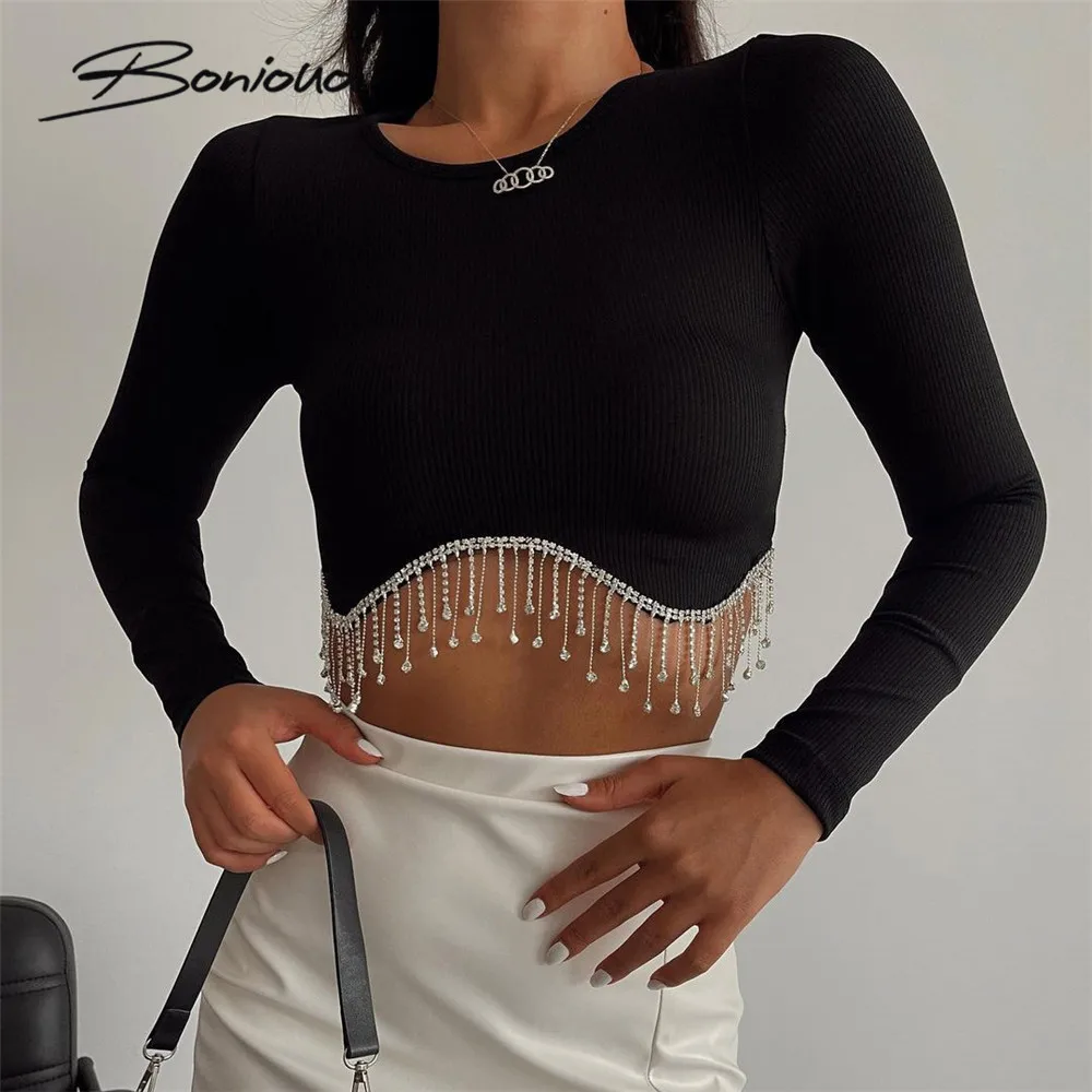 

Boniouo Rhinestone Tassel Women Long Sleeve T Shirts Autumn Fashion Casual Tee Shirt Solid Basic Slim Crop Tops Female Outfits