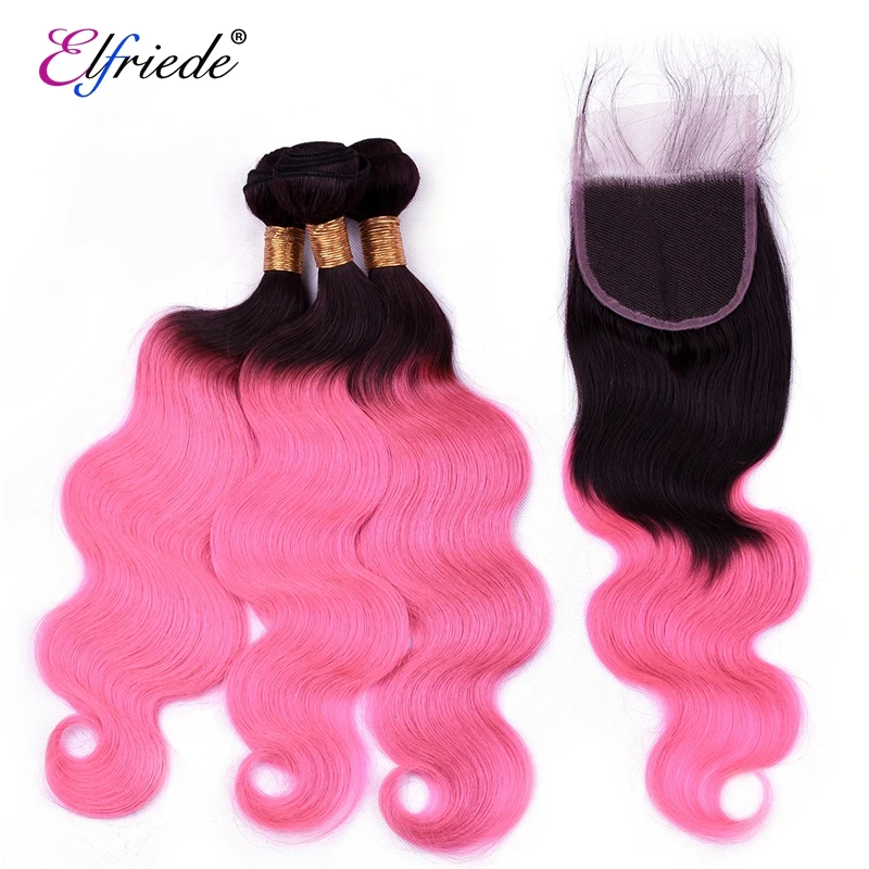 Elfriede Ombre 1B/Pink Body Wave Hair Bundles with Closure Colored Human Hair Weaves 3 Bundles with Transparent Lace Closure 4x4