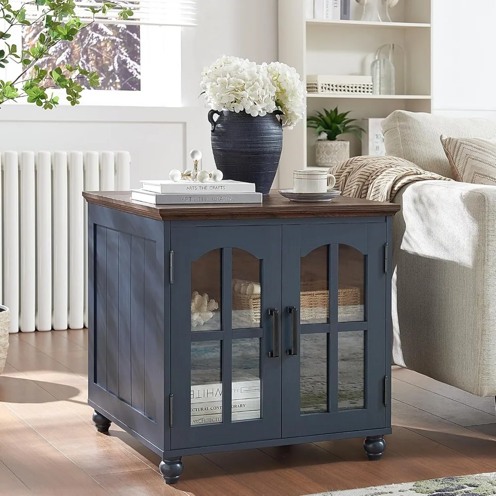 Rustic Farmhouse Side Table with Charging Port, 24-inch Wide Sofa End Table with Glass Barn Door, Adjustable Wood Nightstand