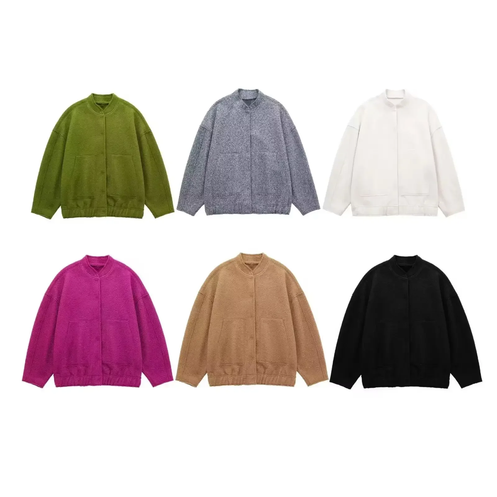 

Fashion European and American 2025 Autumn/Winter New Solid Color Women's Pocket Loose-Fit Bomber Jacket Casual Ballpark Style