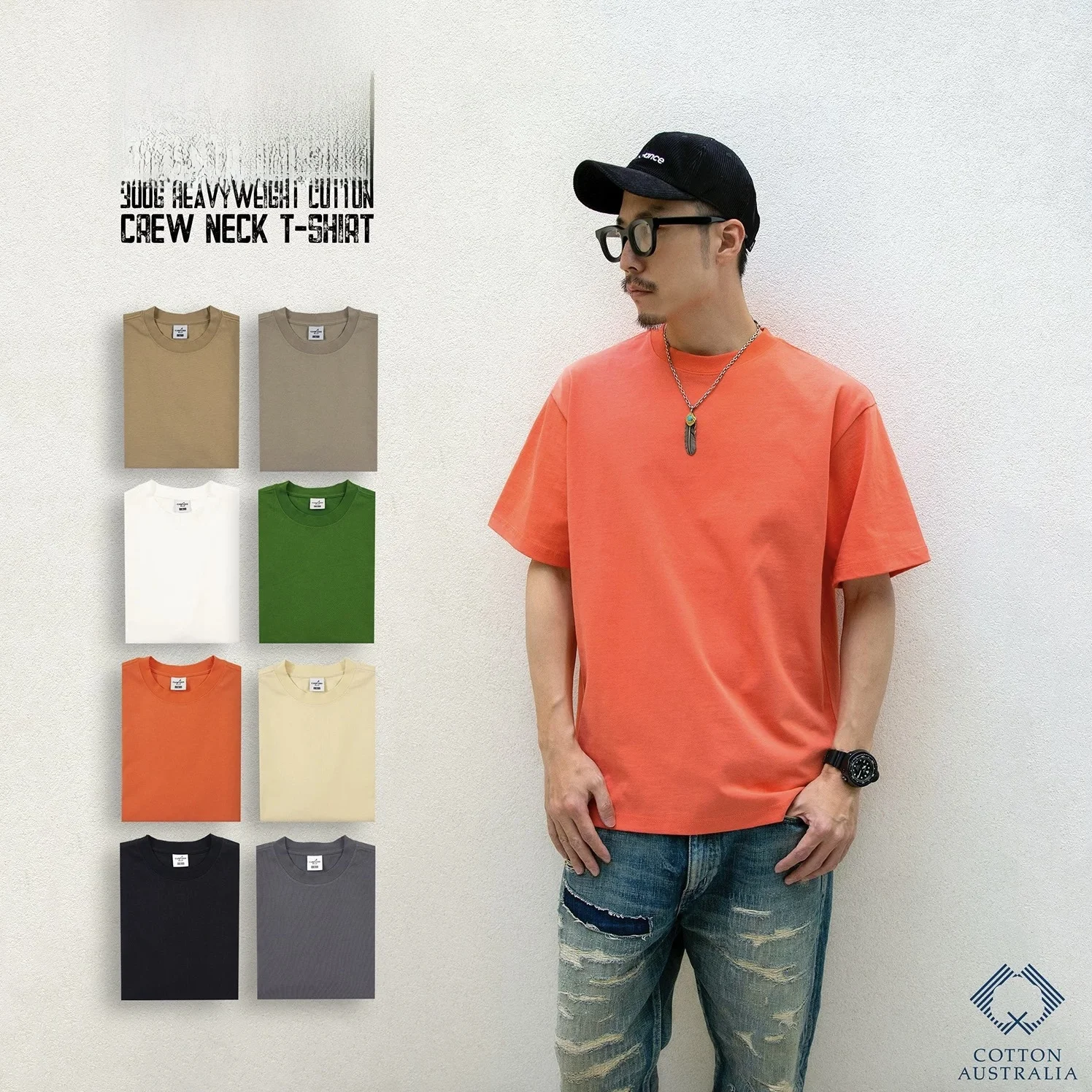 

Summer Heavyweight 300G Japanese Sle Casual Loose round Ne Australian Cotton Color Base irt Comfortable ex ...