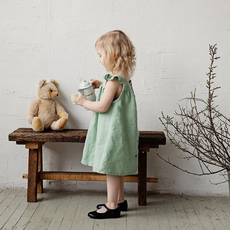 Children Girls\' Linen Dress 2026 Summer New Literary Petal Sleeves Loose Baby Girl Strap Princess Dresses TZ04