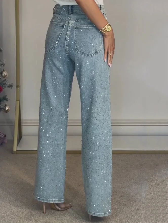 Full Diamond Washed Denim Jeans with High-End Feel, High Waist Straight Leg Pants, Spicy Girl Pants
