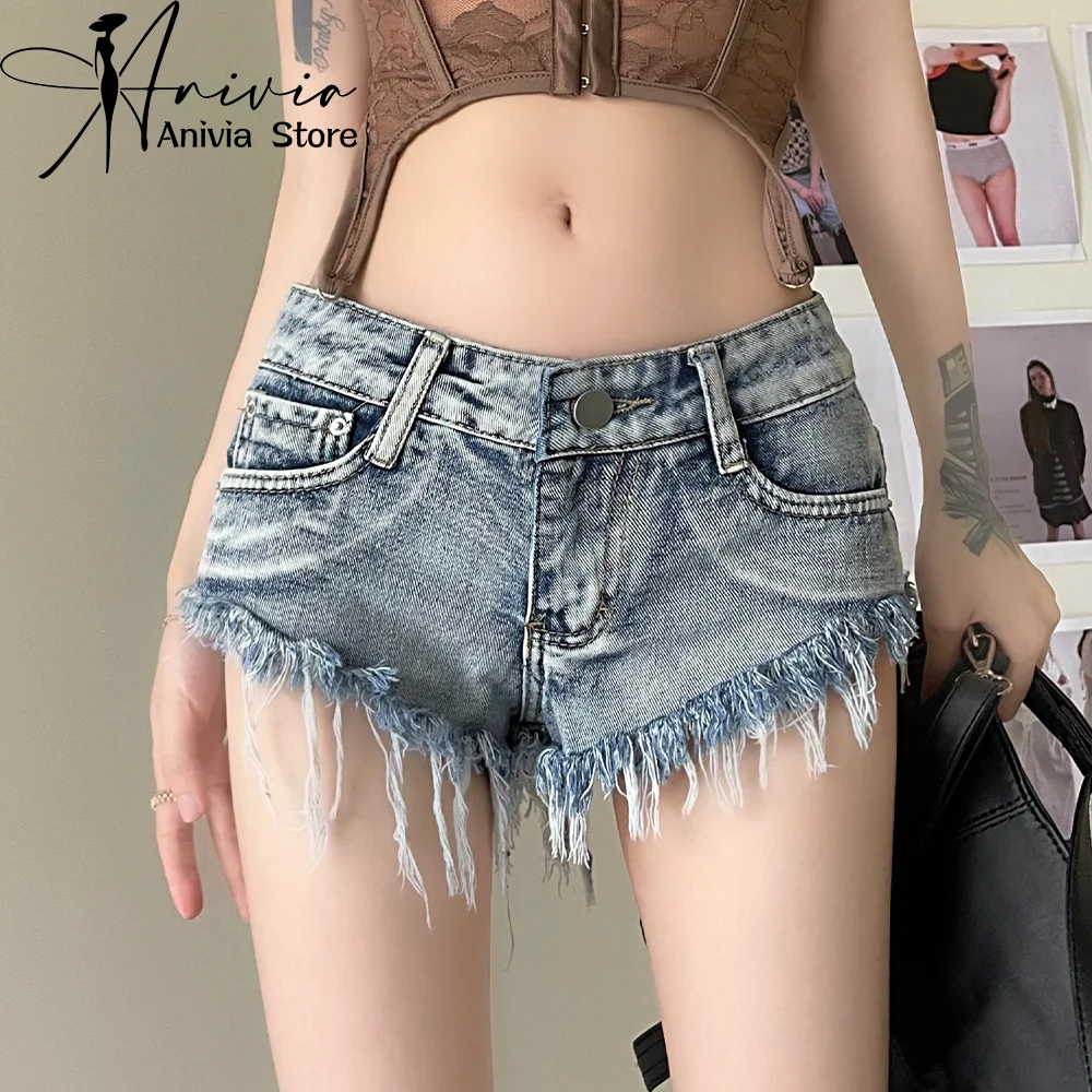 

Women's Summer American Vintage Jeans with Blue Button Fleece Fringe Y2K Design Slim Fit Wide Leg Denim Mini Shorts 2024 New