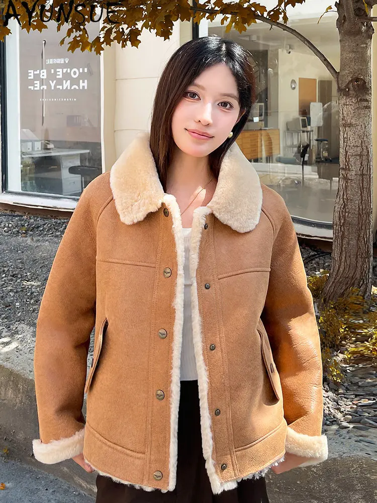 

AYUNSUE Женская модная куртка из натуральной овчины, зимняя одежда, кожаная куртка из натуральной кожи, мотоциклетная куртка из овечьей шерсти, свободный крой