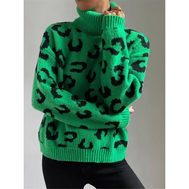 Autumn & Winter New Women\'s Leopard Print Turtleneck Knitted Pullover Top Personalized Street Style Women Casual Loose Sweater