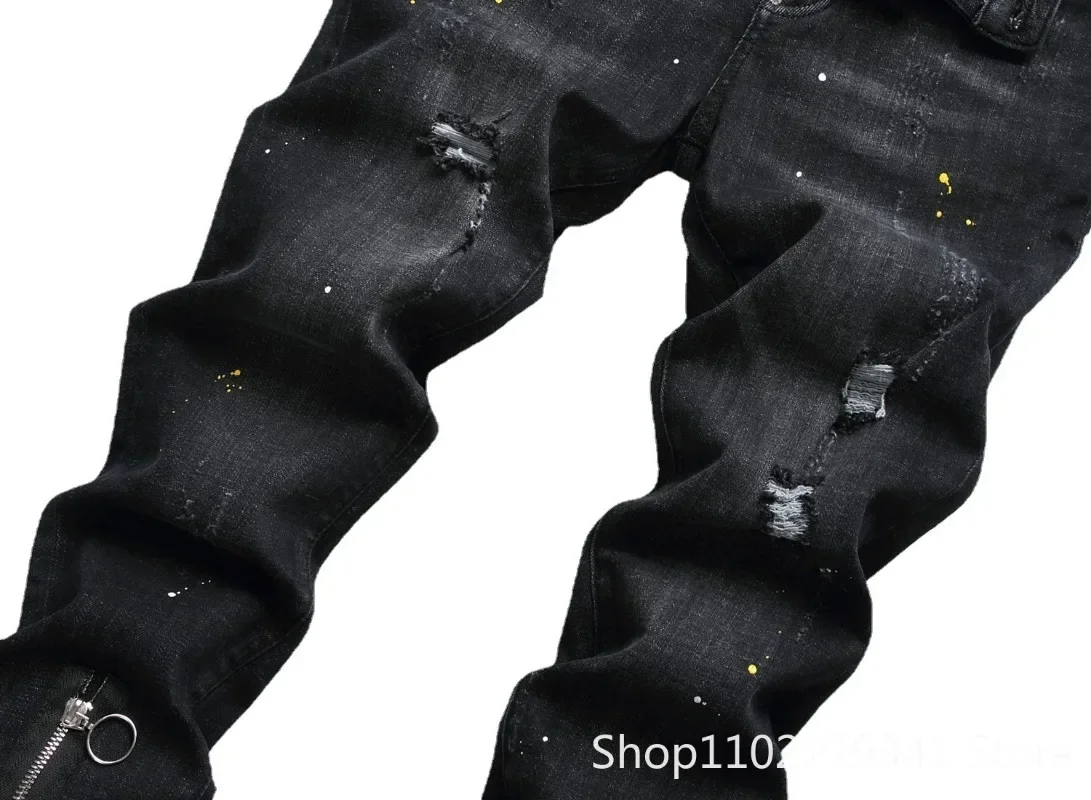 New Men Black Skinny Denim Jeans Holes Jeans Italian Style Stretch Denim Pants High Quality Male Slim Fit Denim Trousers Size 42