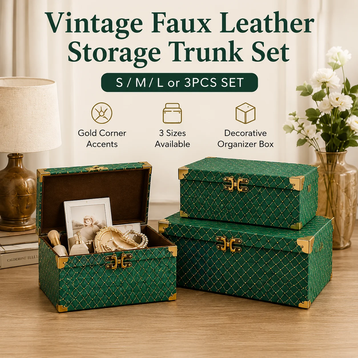Vintage Faux Leather Storage Trunk Box Decorative Organizer with Gold Corner Accents Available in S M L  3PCS Set