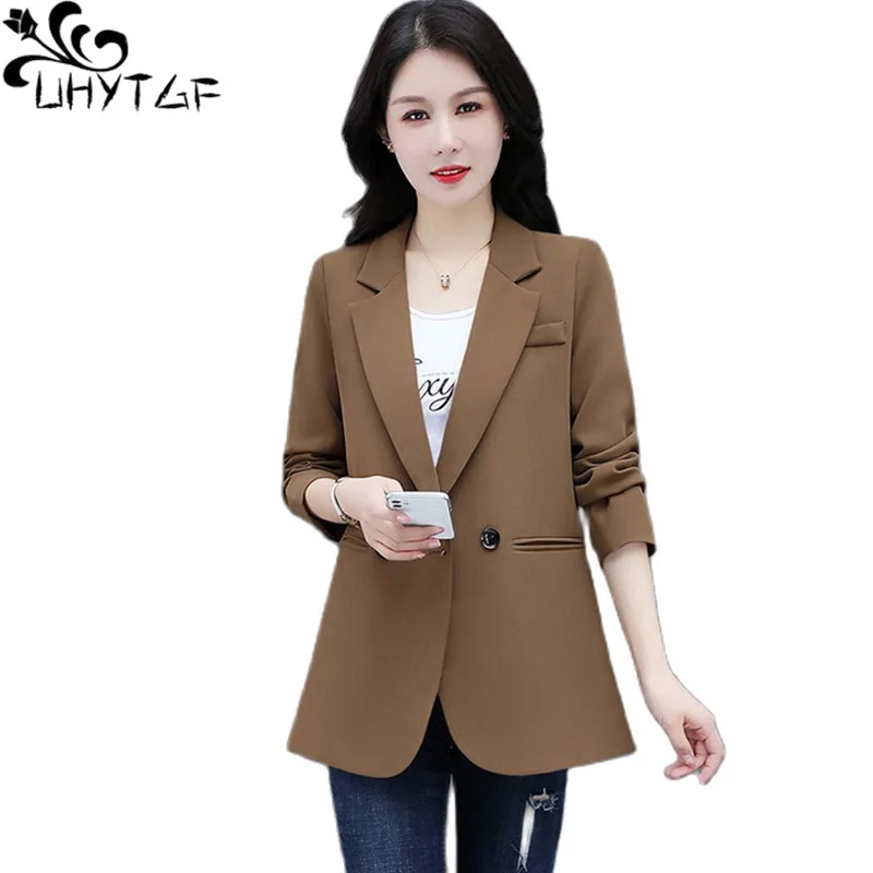 

UHYTGF 2022 Spring Autumn Blazers Coats Womens Fashion Double Breasted Slim Jackets Female Solid Casual Ladies Outewear 3XL 2237