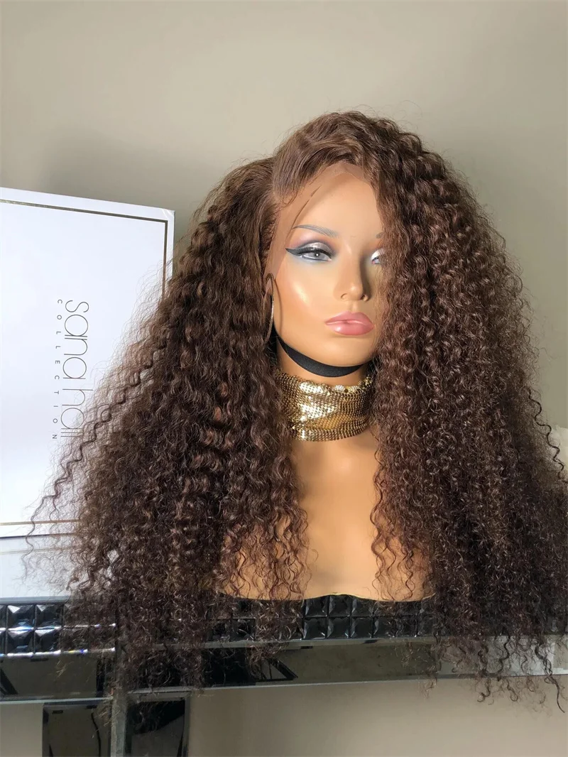 Peluca con malla frontal de 26 pulgadas de densidad 180 sin pegamento marrón rizado largo para mujeres con pelo de bebé prearrancado diario