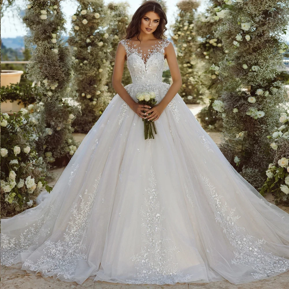 Personalizado de luxo brilhante vestido de baile vestidos de casamento elegante decote tule apliques rendas princesa vestidos de noiva novia