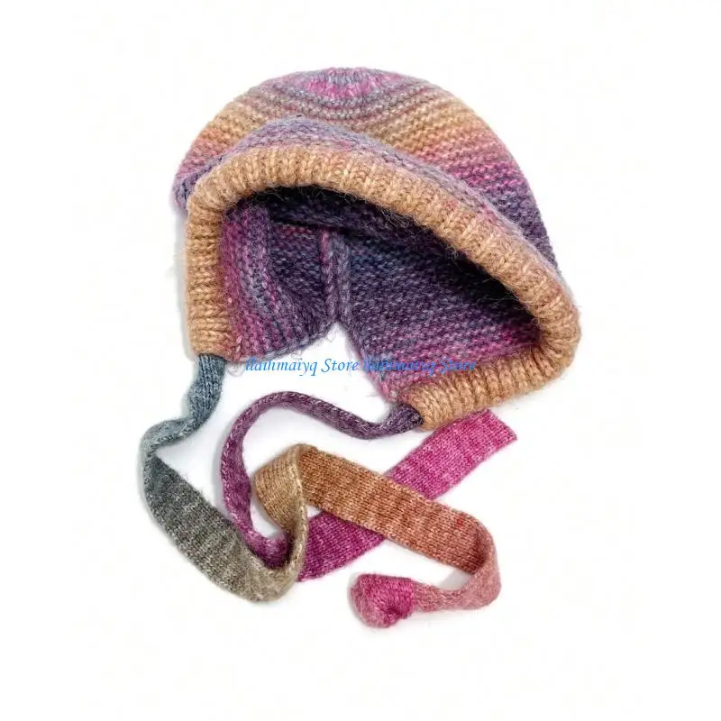 

573B Hats for Womens Autumn Handmade Warm Knitted Cap with Long Strap