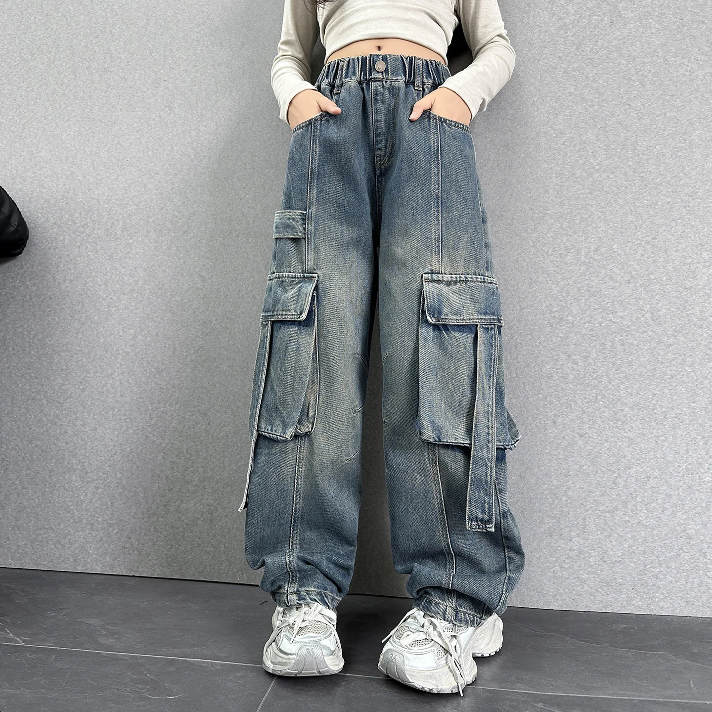 

Junior Girls Denim Pant Autumn Retro Fashion Loose Children Girls Cargo Pant Elastic Waist Full Length Teenager Girls Trousers