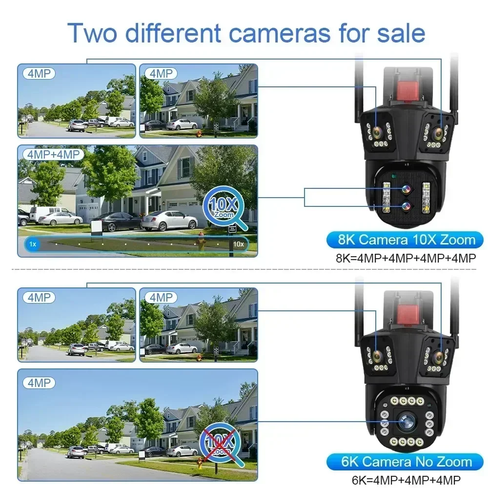 8K Outdoor WIFI IP Camera 16MP 10X Optical Zoom Automatic Tracking PTZ Four Lens Three Screen Waterproof Security Camera IP CCTV