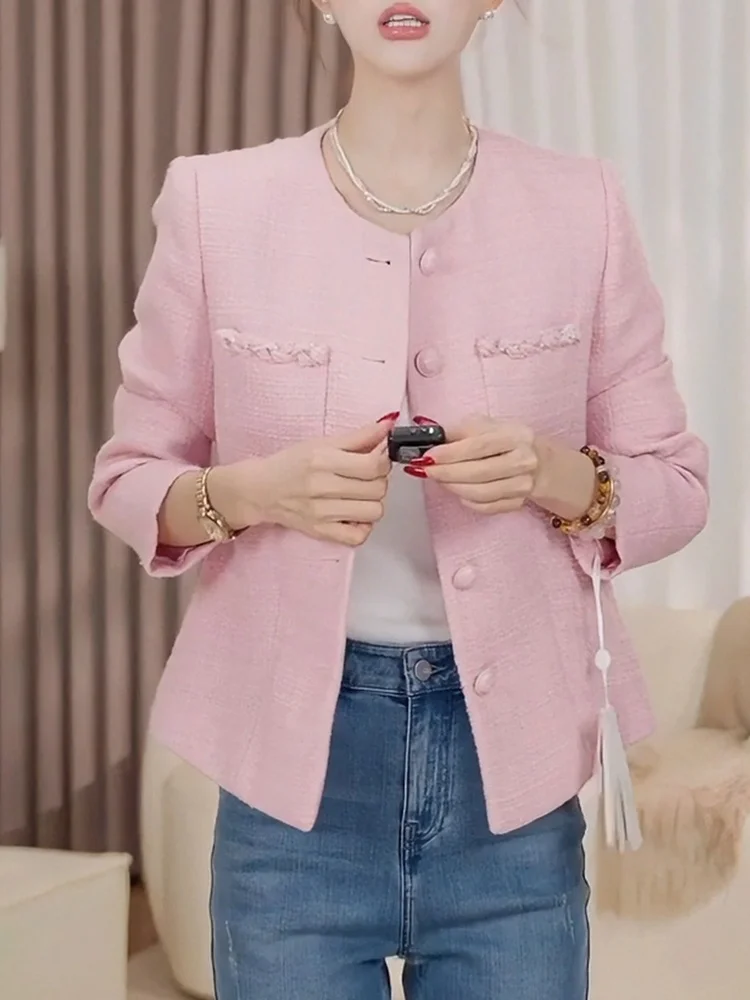 

Ele Pink Fraance Sle Jaet Large Size Faionable Age-Defng Top for Autumn Season Casual High Waist Loose Fit