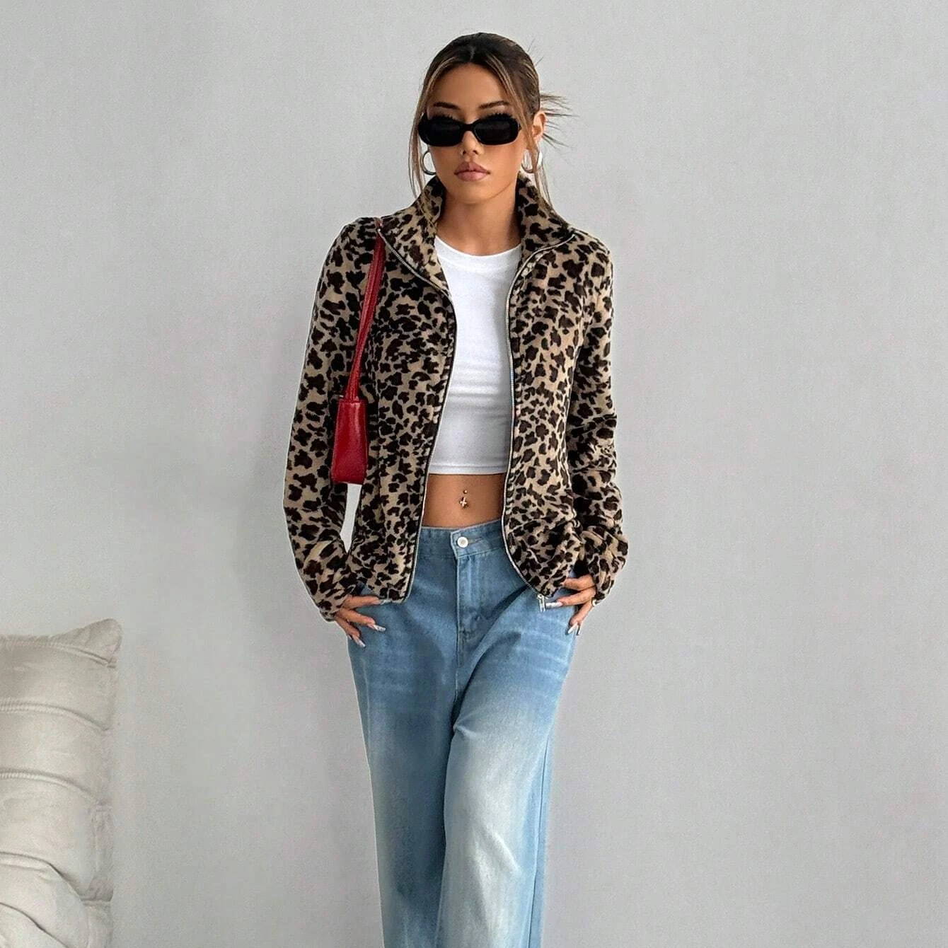 IG Women Leopard Print Stand Collar Zip-Up Fuzzy Jacket, Long Sleeve Warm Fluffy Short Coat, Winter Casual Street Outerwear