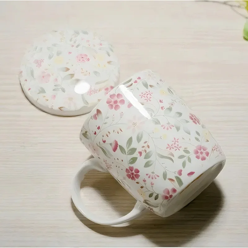 350ML, real bone china coffee cup, floral design, porcelain original breakfast cups, ceramic cups and mugs with lid, cute mug