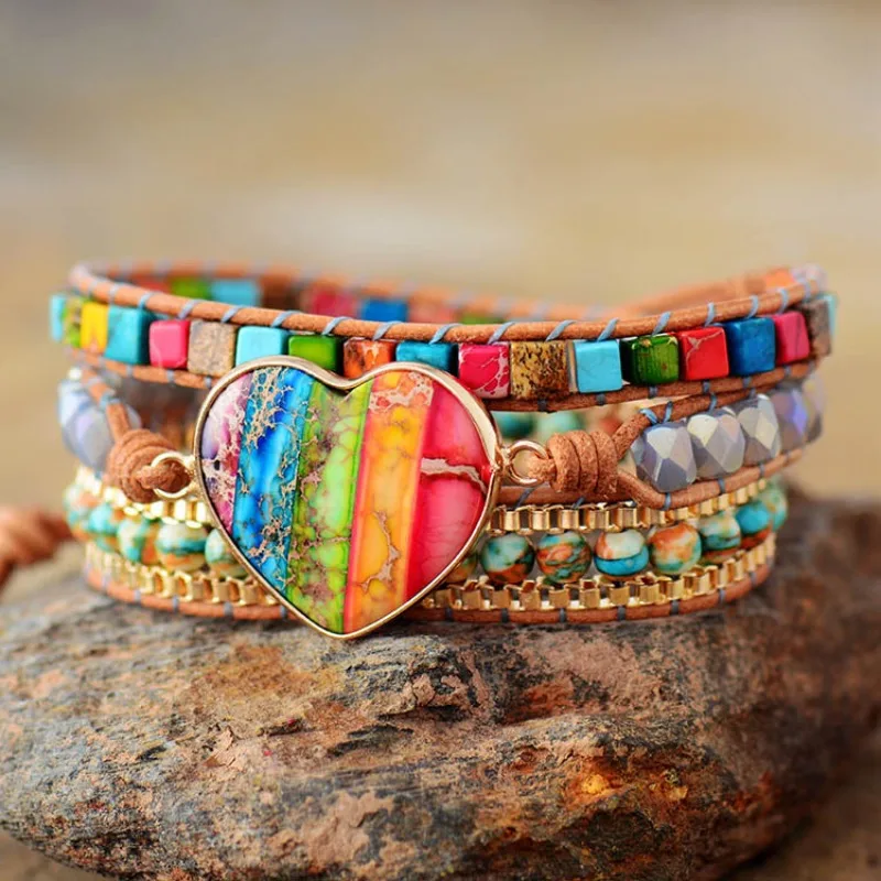 

Kaseakia Bohemian Boho Heart-shaped Natural Emperor Stone Leather Wrapped Woven Multi-layer Beads Beaded Bracelet for Women