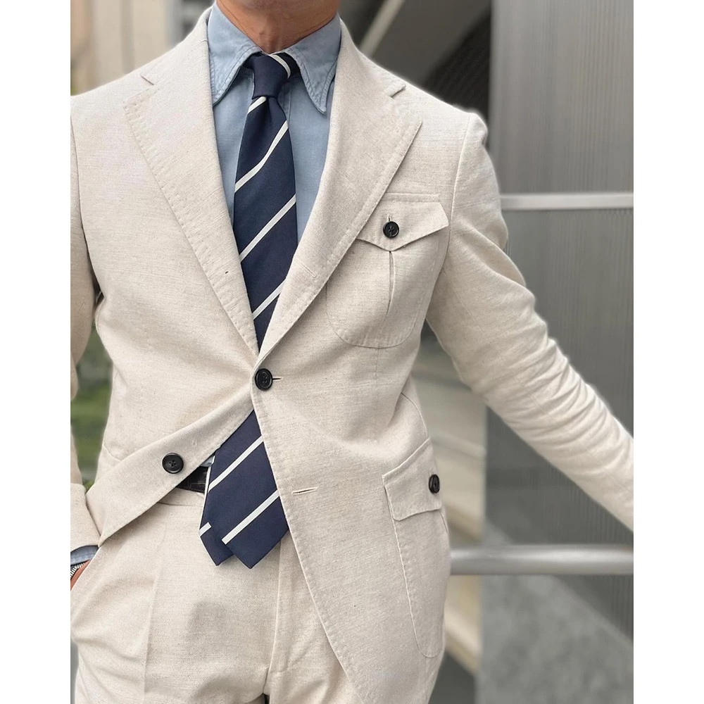 Summer Linen Beige Men's Suits Single Breasted Notch Lapel Bespoke 2 Piece Jacket Pants Male Clothing Office Costume Homme Sets