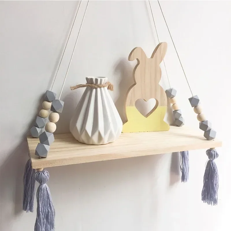 Wooden Beads Tassel Wall Hanging Decor, Swing Shelf, Decorative Shelves, Room Storage Organization, Personality Kids Room, 1 Pc