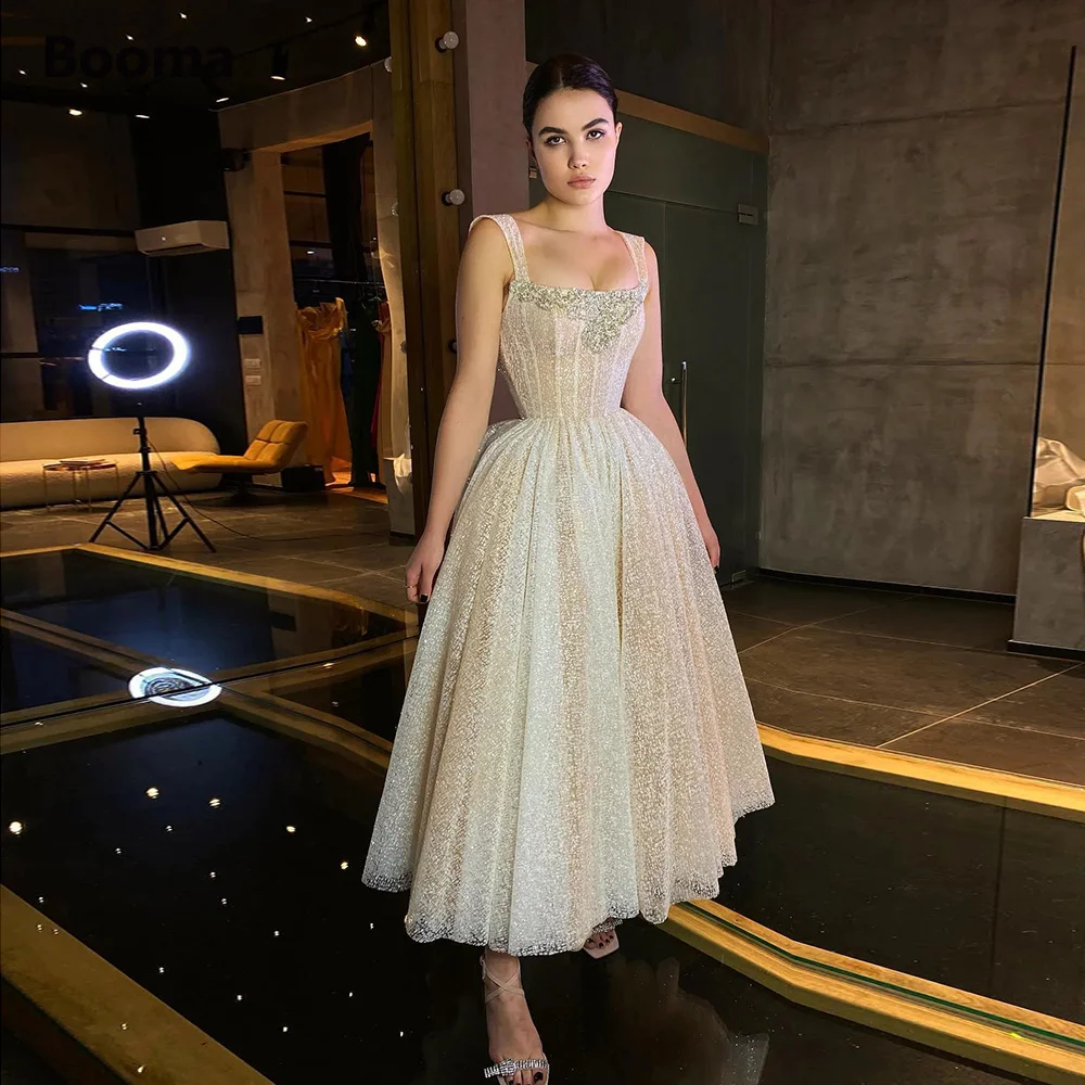 Booma Gaun Prom Midi Tulle Glitter 2022 Gaun Pesta Pernikahan A-Line Panjang Teh Bertulang Tali Spaghetti Gaun Malam Formal