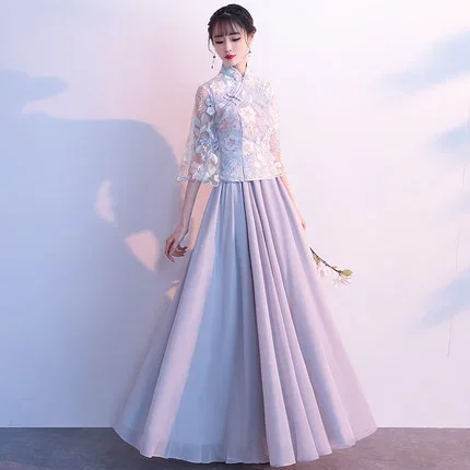 Bridesmaid dress Female New summer middle long gray Retro fairy temperament Chinese style Cheongsams evening dress Costume