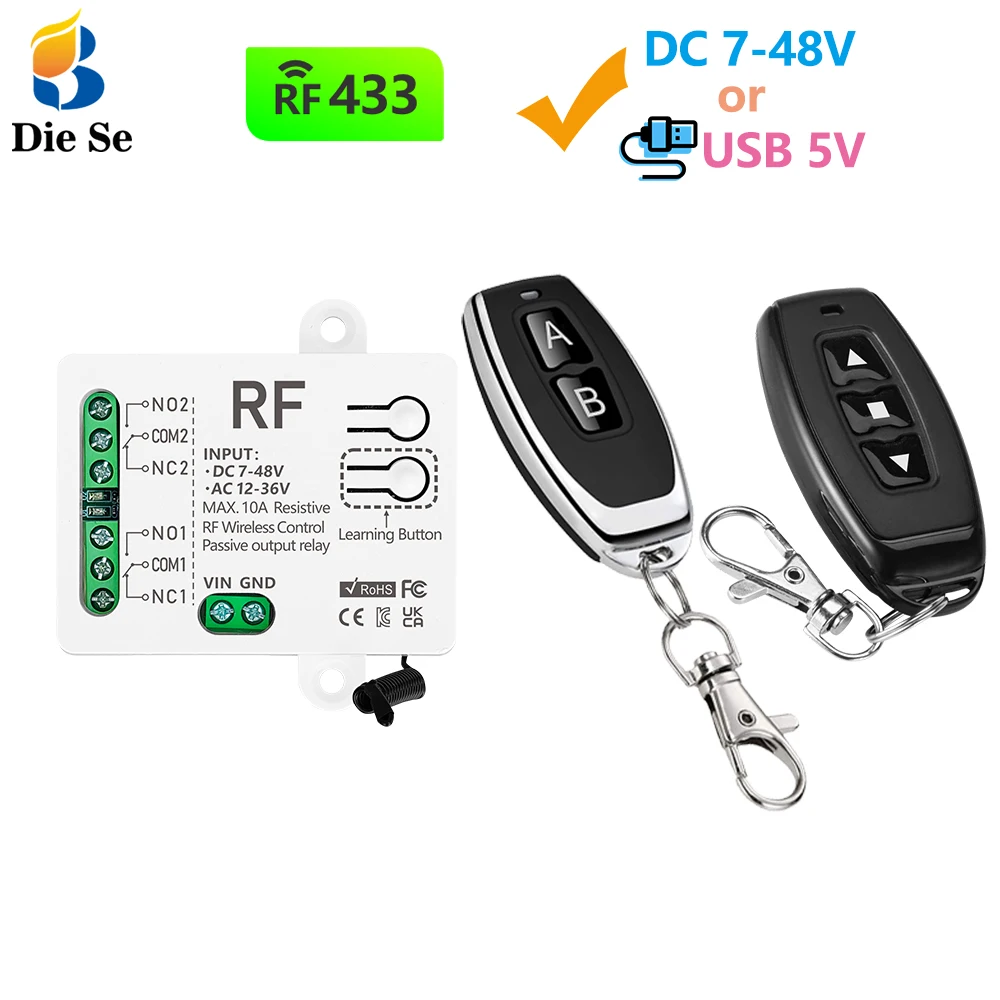 433MHz Wireless Remote Control Switch 50m Long Range DC 12V 24V 10A 2CH Relay Receiver for LED Garage Roller Shutter Gate