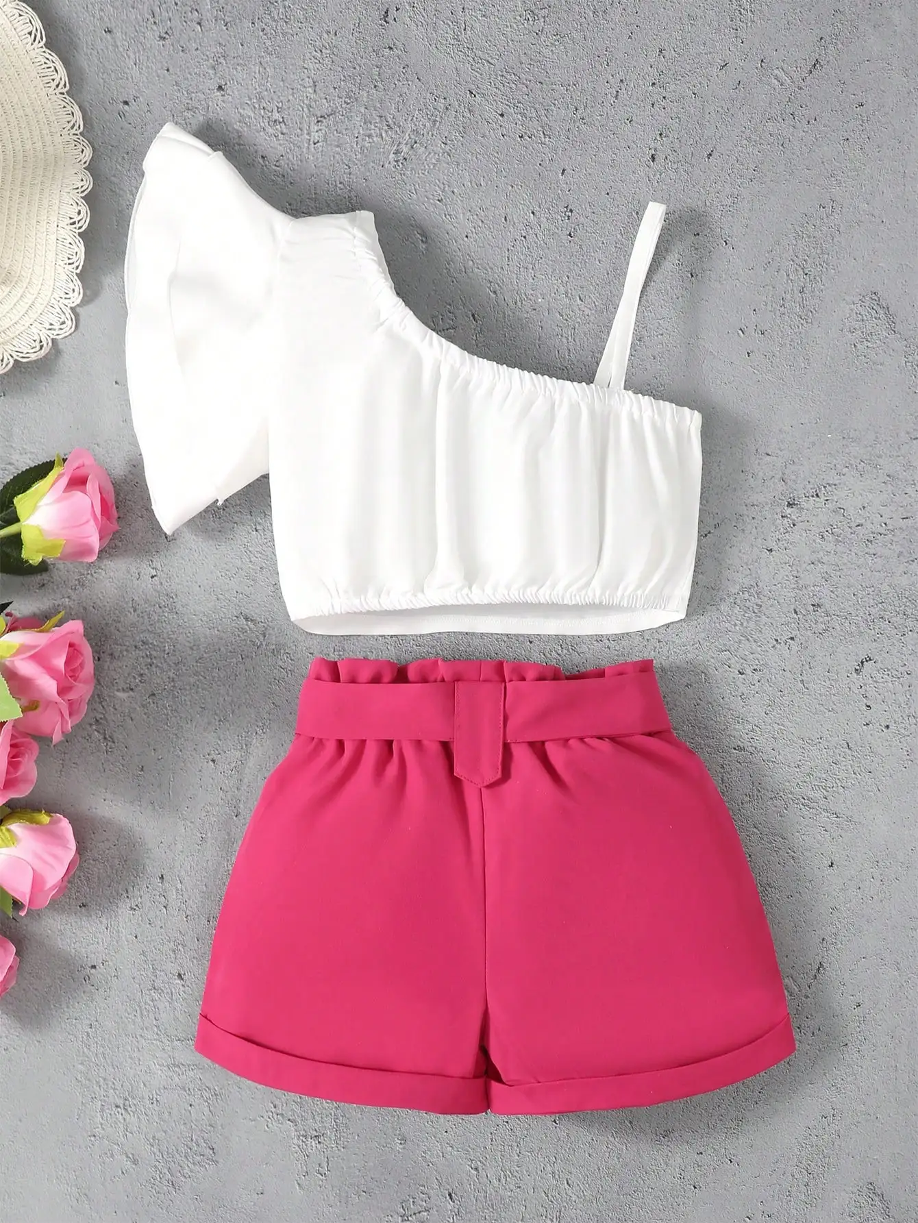 Solid color ruffled edge one shoulder strap top+belt shorts two piece set