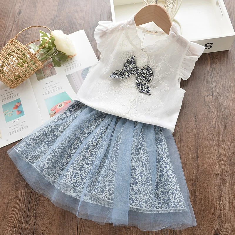 Bear Leader New Summer Casual Children Sets Chiffon Flowers Blue T-shirt Pants Girls Clothing Sets Kids Summer Set for 3-7 Years