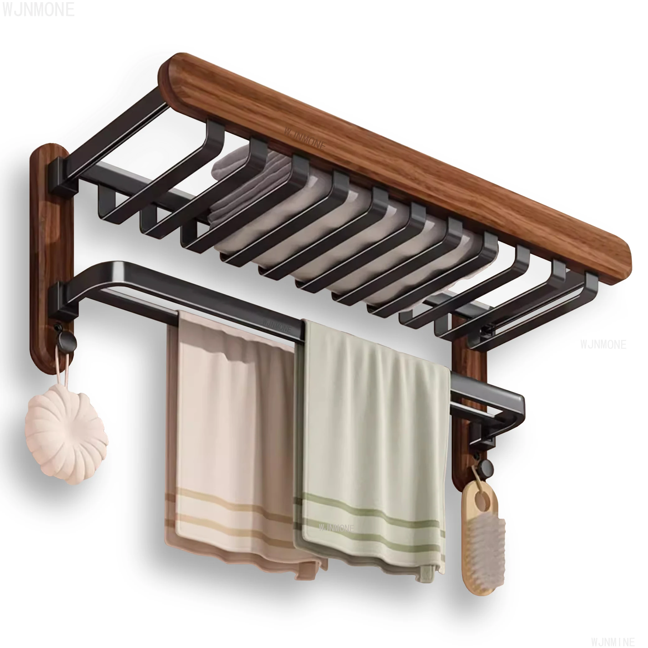 

50/60cm Walnut Towel Rack Foldable Double-layer Solid Wood Bath Towel Rack with Hooks Hanger Storage Shelf Bathroom Accessories