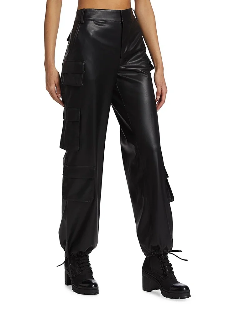 Women Matte Faux Leather High Waist Cargo Pants Lady Hem Drawstring Multi Pockets Solid Color PU Casual Straight Trousers Custom