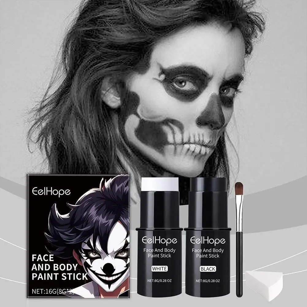 Black & White Face Body Paint Kit with Brushes Long-Lasting Makeup For Halloween Festive Fun Makeup Accessories Makeup Set