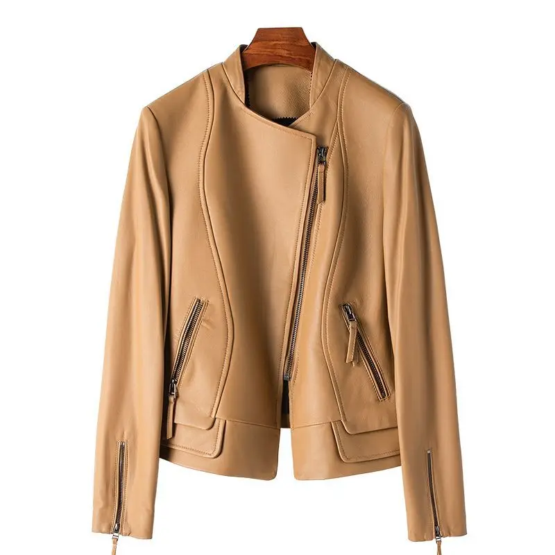 Small amount of clothing: Haining's new slanted collar sheepskin jacket, spring 2024 women's slim fit short leather windbreaker