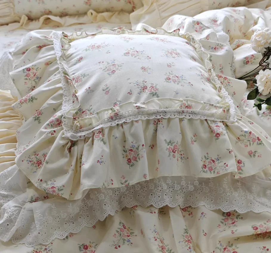 Elegant Ruffle Lace Decorative Pillowcase European Embroidery Bed Pillow Case Princess Rose Print Cushion Cover Sofa Cushions
