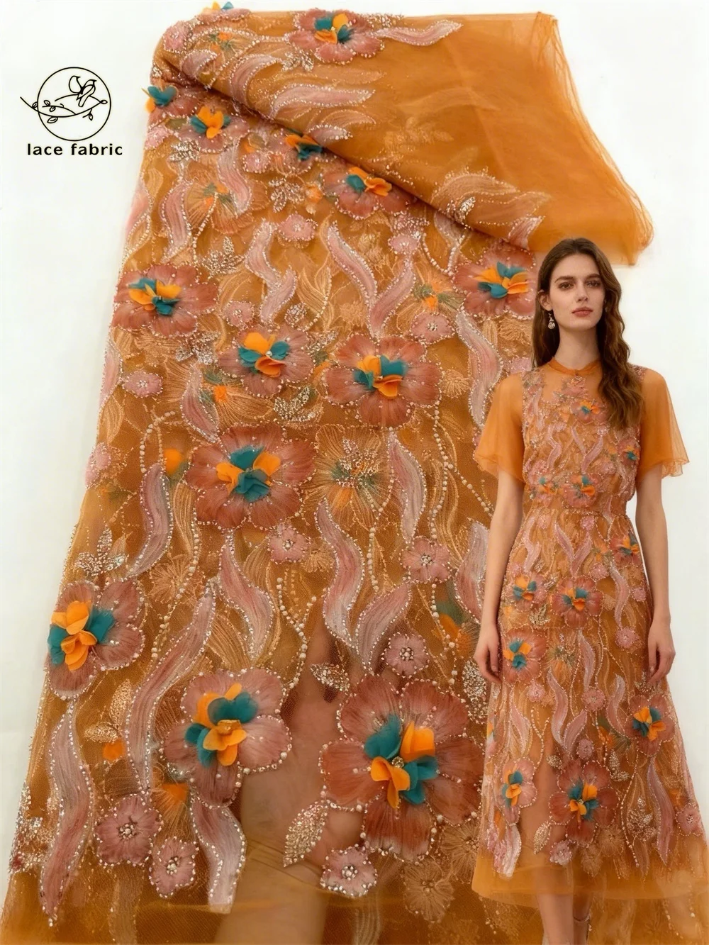

Orange African Mesh Lace 5 Yards 2026 New Fashion 3D Flower Lace Fabrics Embroidered Nigerian Fabric For Sewing Wedding Dress