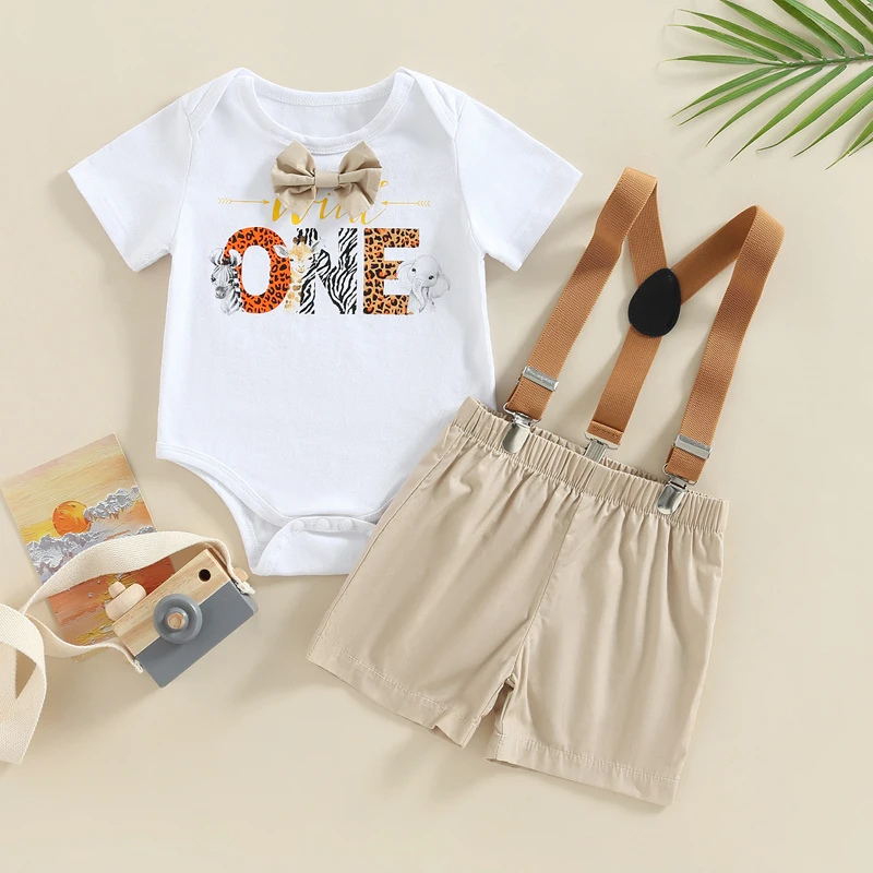 Baby Boys Summer Outfit Sets White Short Sleeve Letter Print Romper + Solid Color Suspender Shorts