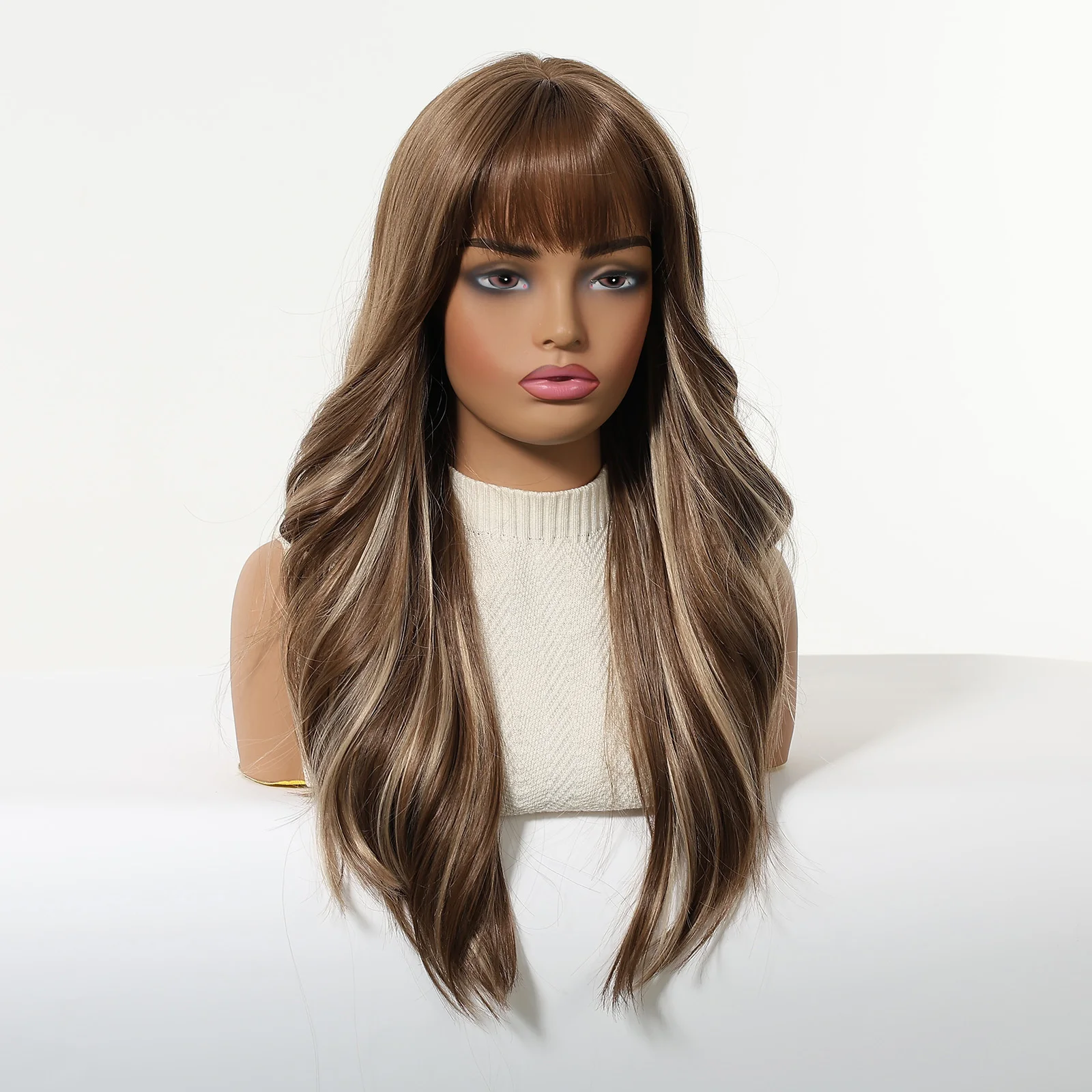 Allbell Magique Brown Blonde Highlights Long Body Wave Wig With Bangs Heat Resistant Synthetic Hair For Women Natural Looking