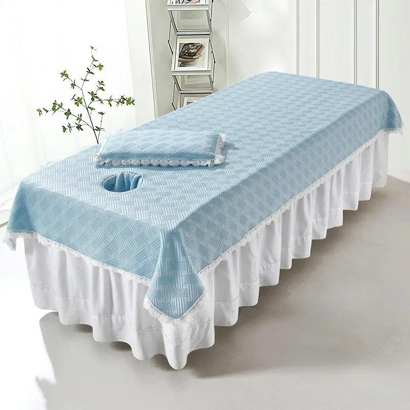 200x80cm Beauty Bed Cooling Mat Massage Table Sheet W/ Face Hole Lace Trim Spa Bed Cover Body Spa Salon Bedspread Home Decor