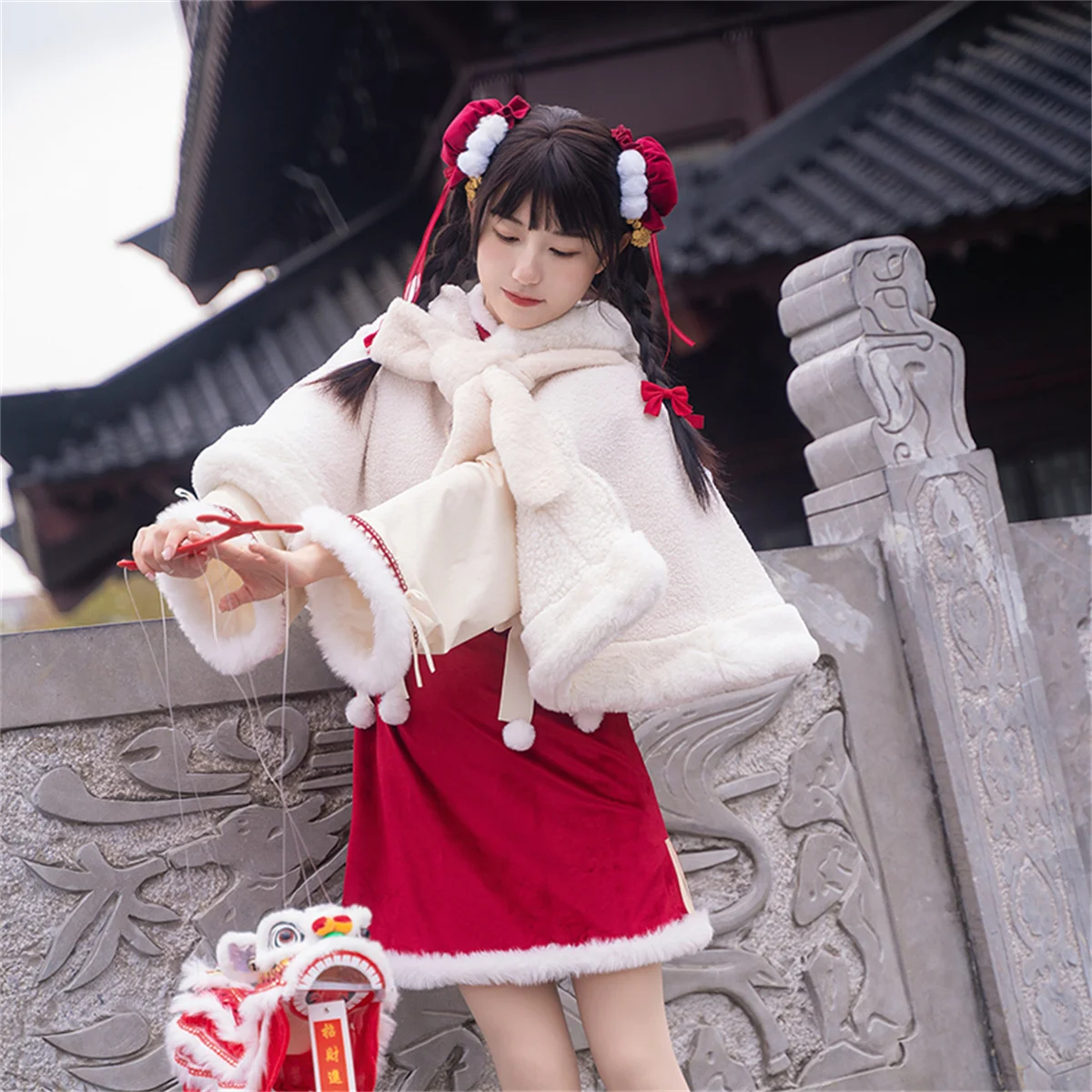 Japanese Kawaii Girls Cosplay Lolita Winter Hat Cloak White Fluffy Warm Sheep Ears  Cute Cartoon Sweet  Solid Color Cloak