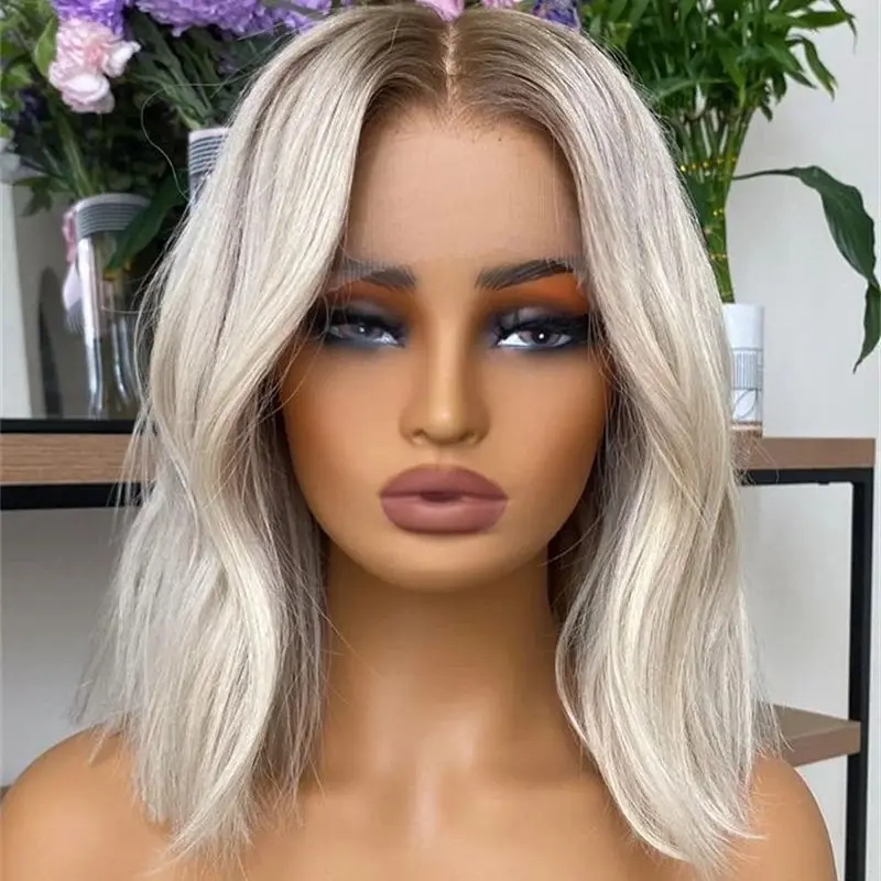 

Ombre Platinum Blonde Short Bob Wave Human Hair Wig 613 Middle Part Pre Plucked Glueless Pre Plucked Wig Ready To Wear For Women