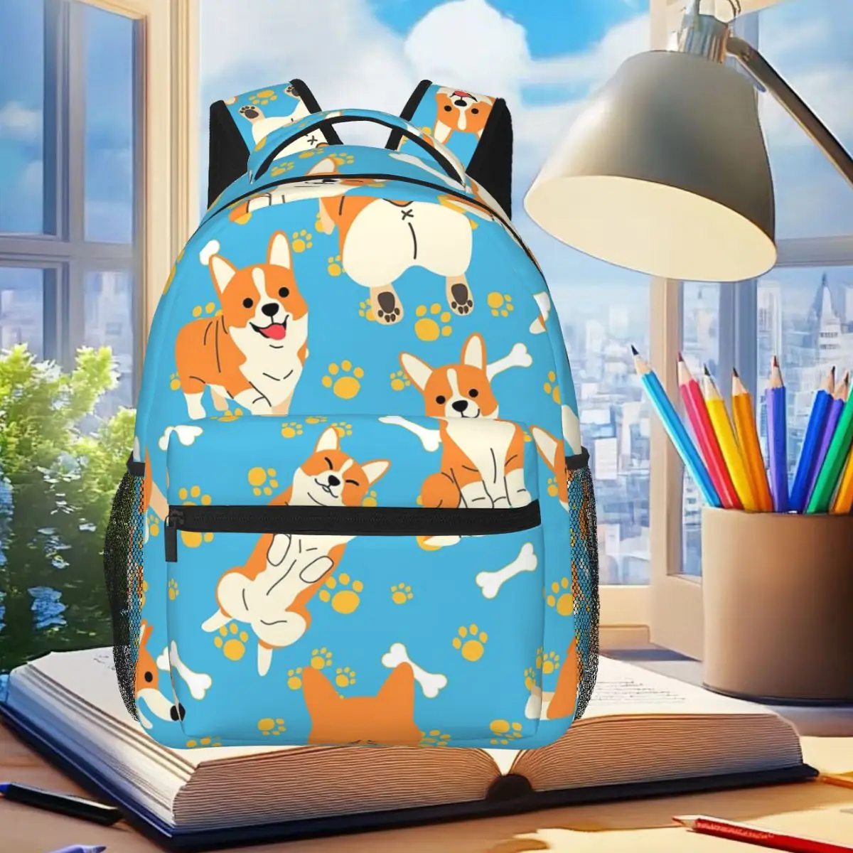 

Blue Background Cute Cartoon Corgi Backpack Student Boys Girls BookBag Kids School Bag Laptop Shoulder Bags for Men Women
